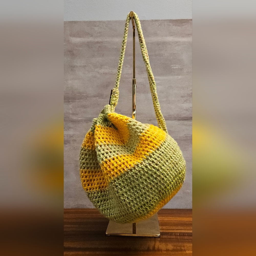 Crochet Drawstring Backpack - Yellow & Green - Picture 2 of 6